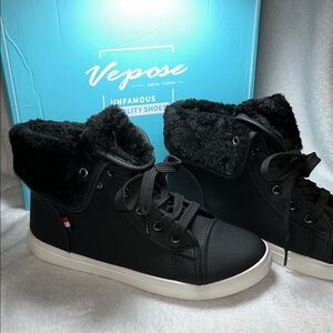Vepose Women's Black Fur-Trim Sneakers